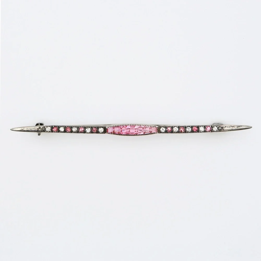 Antique Art Deco CRR Sterling Pink and Clear Paste Rhinestone Bar Pin 1930s